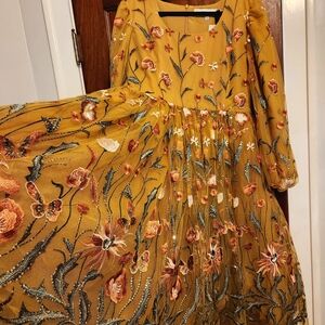 JessaKae Mustard Dress with Floral Embroidery